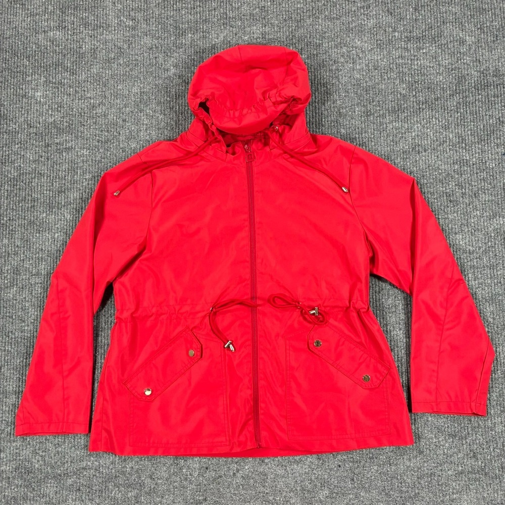 Polydeer Womens Hooded Rain Jacket Size Large Red Full Zip Drawstring Utility